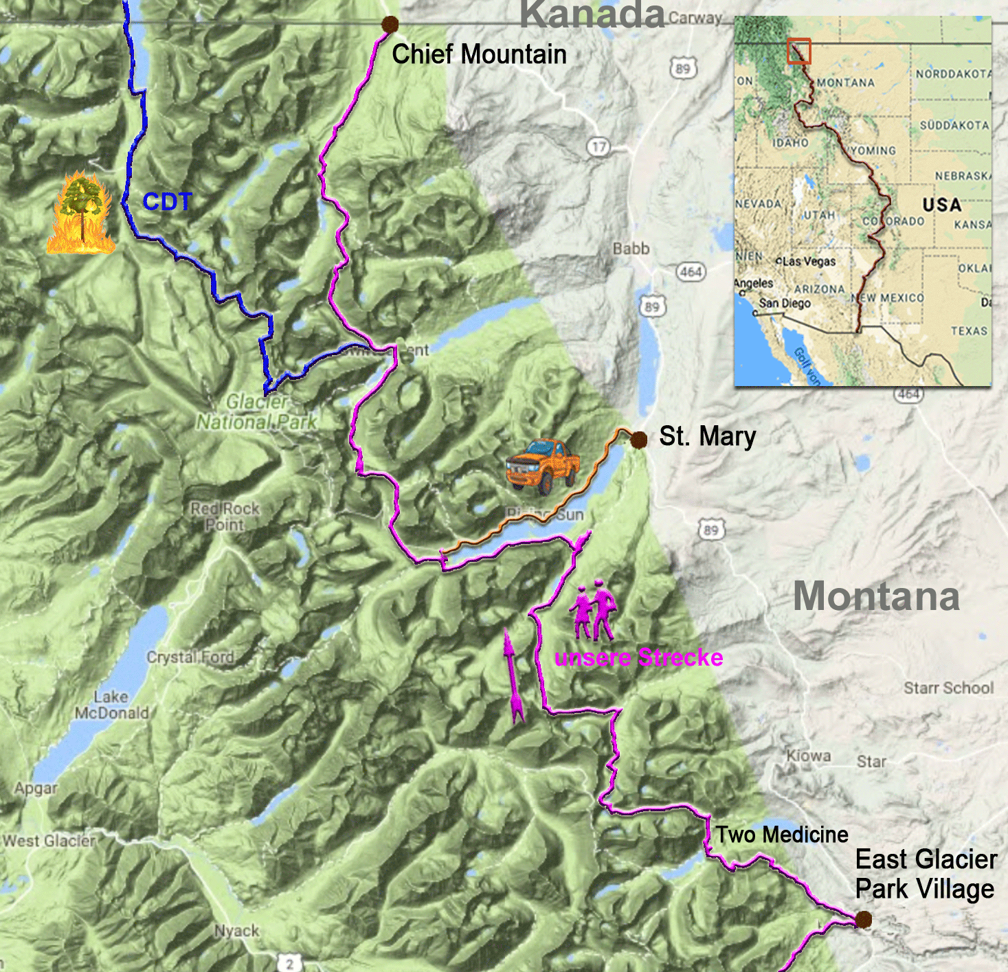 136 Kilometer auf dem CDT zwischen Glacier und Chief Mountain