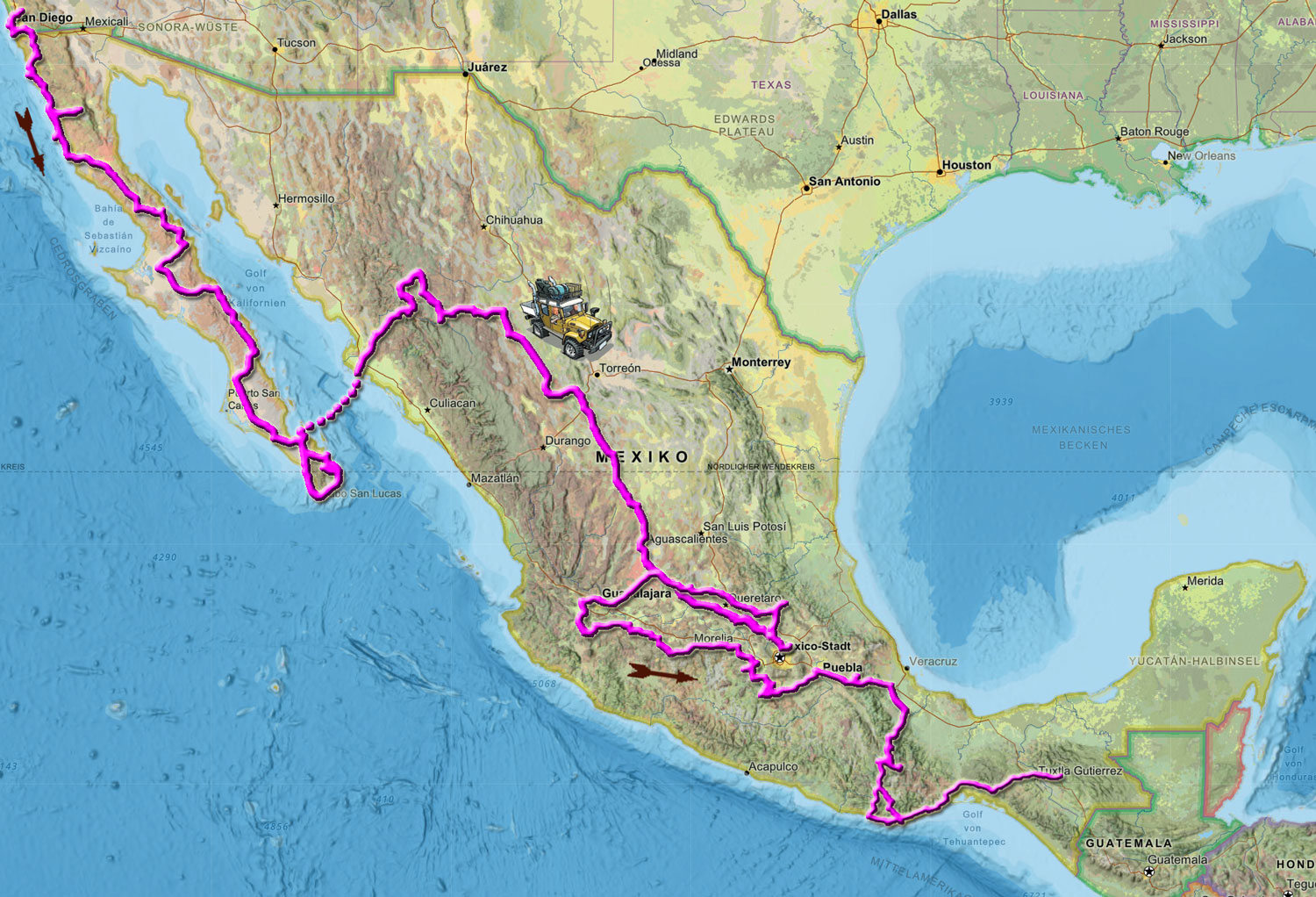 Unsere Fahrstrecke durch Mexiko