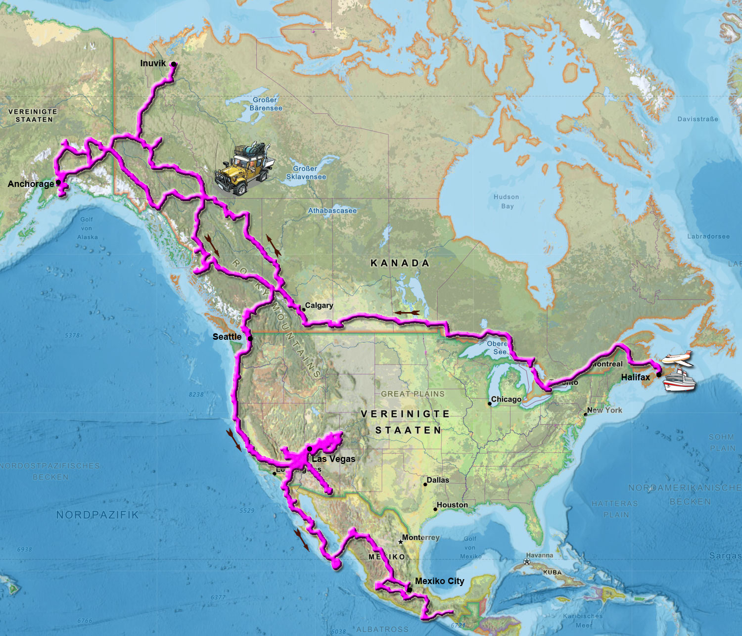 Unsere Fahrstrecke durch Kanada, USA und Mexiko